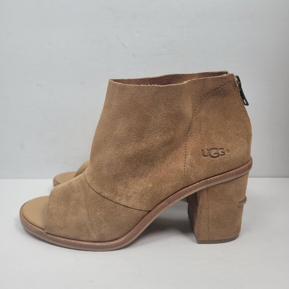 UGG Women's Brown Suede Peep Toe High Heel Ankle Boots S/N 1019996 US Size 8.5 - Picture 2 of 9